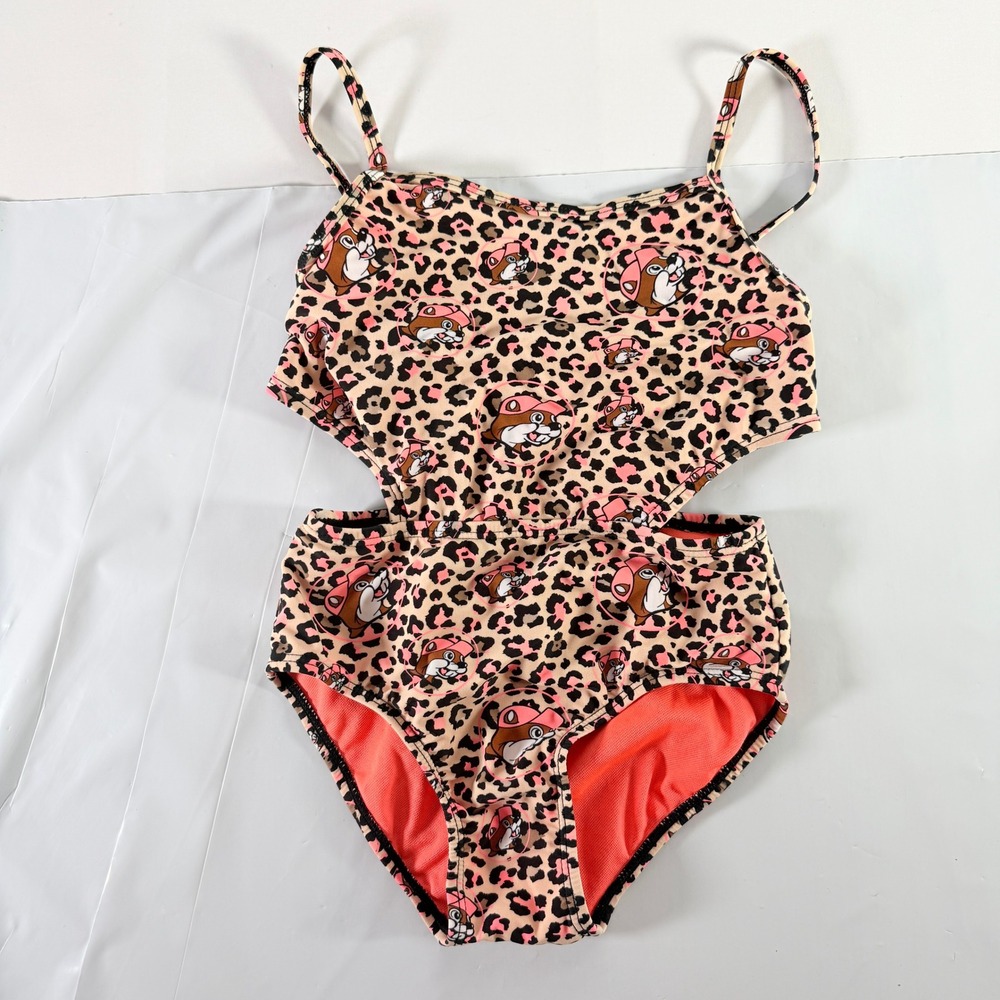 Buc-ee's‎ Pink Leopard Print One-Piece Cutout Swimsuit Girls Youth Small YS
